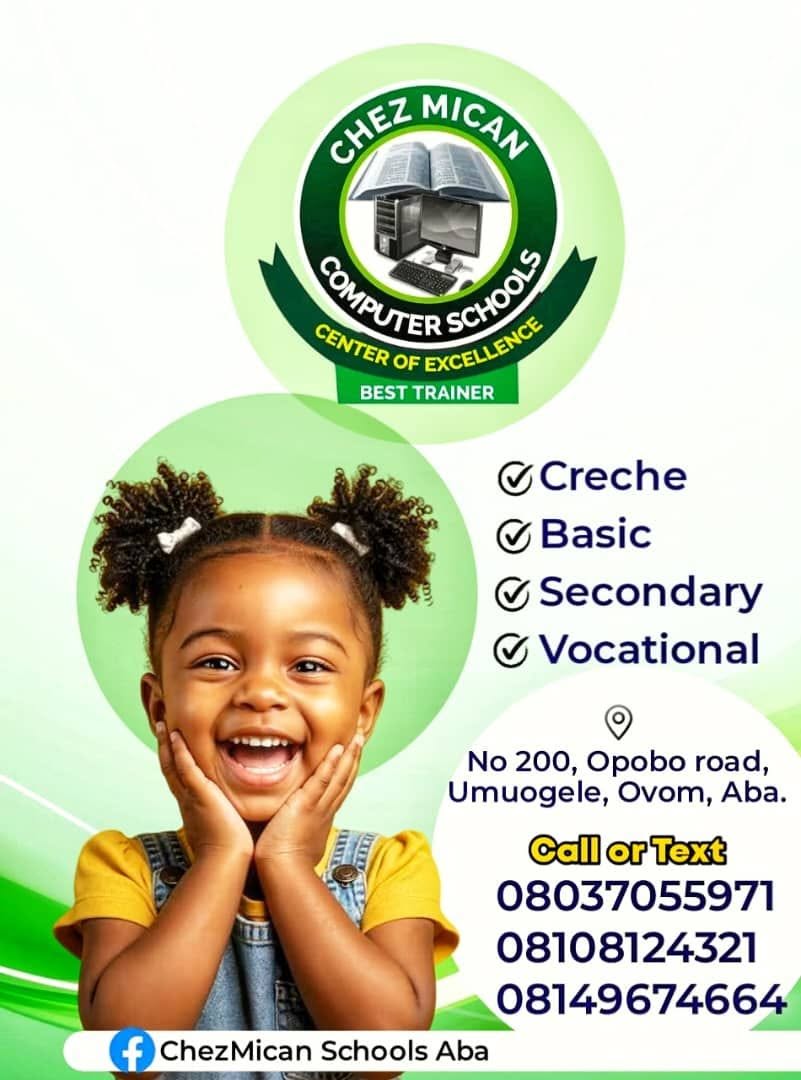 Chez Mican Schools flyer for Creche, Basic, Secondary and Vocational programs