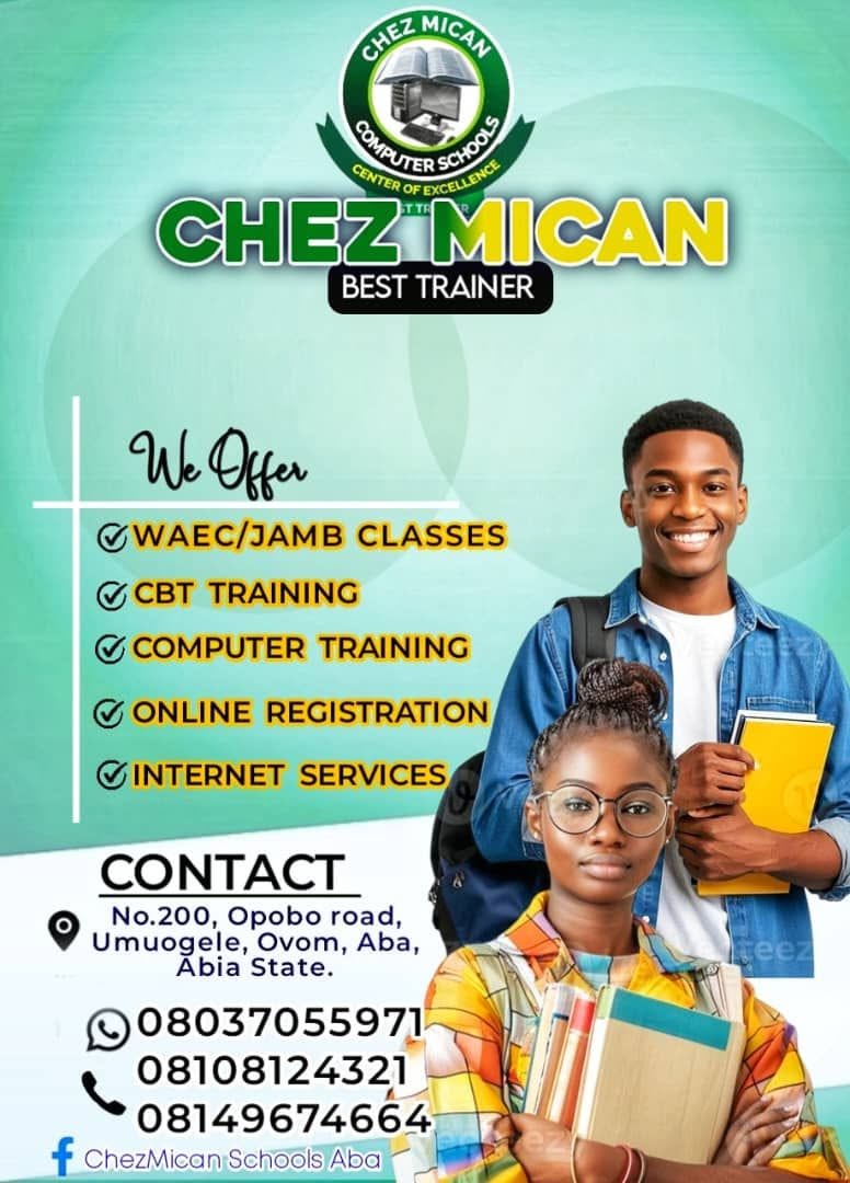 Chez Mican Schools flyer for WAEC/JAMB classes, CBT training, computer training and internet services